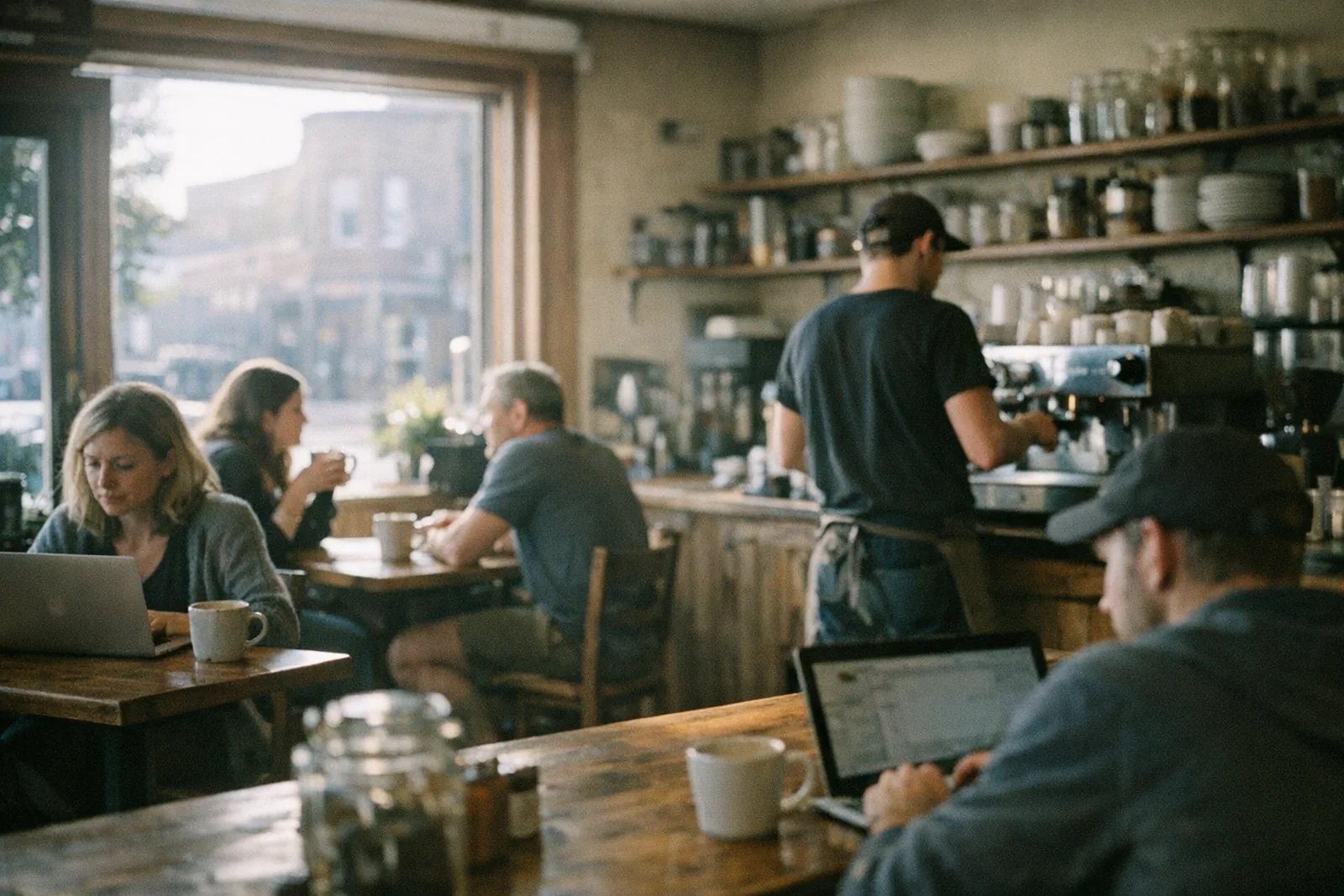 A small independent coffee shop on a weekday morning, customers at tables and a barista at the espresso machine
