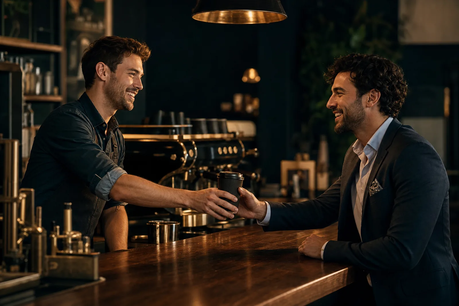 A barista passing a takeaway coffee to a well-dressed regular across a dark walnut counter, brass fittings catching the light