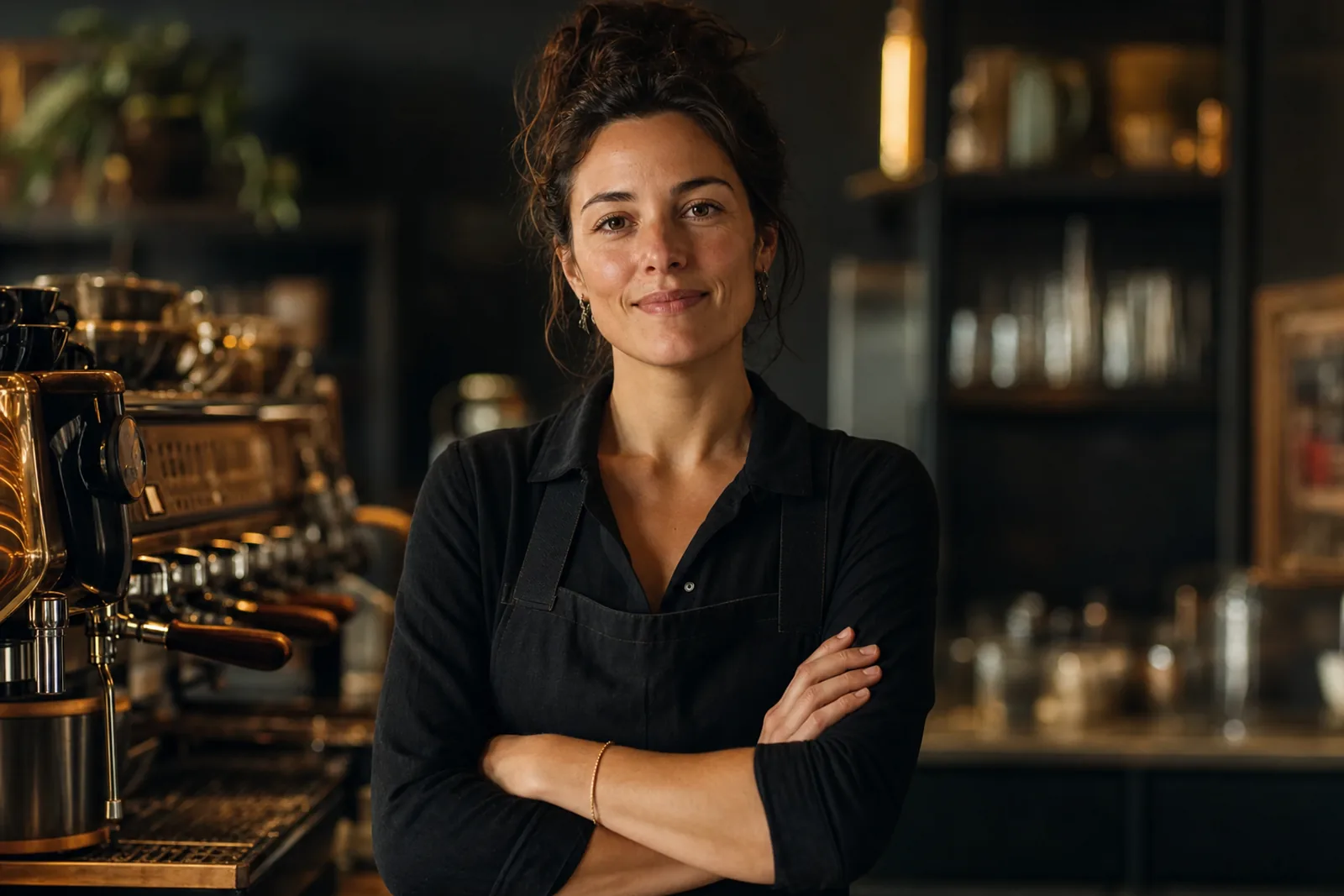 A cafe owner in an apron standing behind their counter