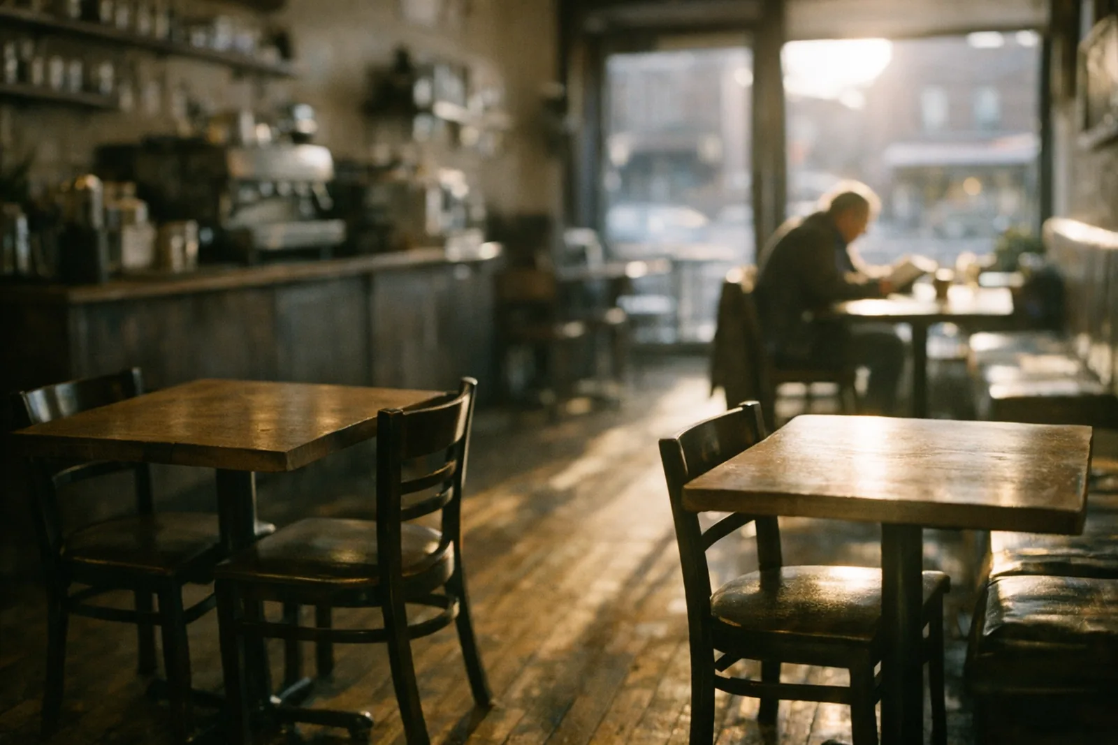 A nearly empty coffee shop in the mid afternoon, tables tucked in and one customer reading