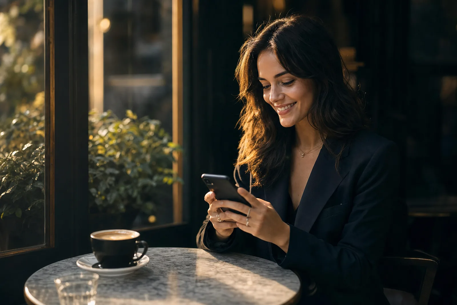 A regular at a cafe window seat smiling at her phone, a flat white on the marble table, gold rim light on her hair
