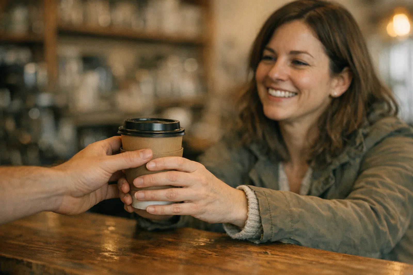 A barista handing a takeaway coffee across the counter to a smiling regular customer